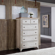 Farmhouse Reimagined 5 Drawer Chest in Antique White w/ Chestnut Top
