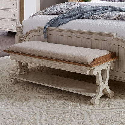Farmhouse Reimagined Bed Bench in Antique White w/ Chestnut Top