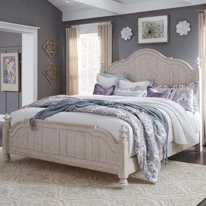 Farmhouse Reimagined King Poster Bed in Antique White w/ Chestnut Top