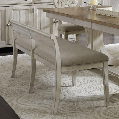 Farmhouse Reimagined Upholstered Bench (RTA) in Antique White w/ Chestnut Top
