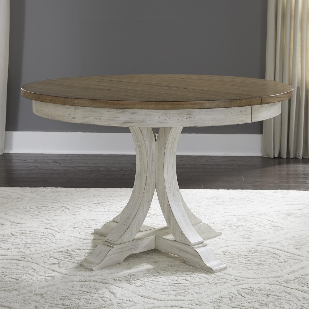 Farmhouse Reimagined 5 Piece Pedestal Table Set in Antique White w/ Chestnut Top