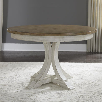 Farmhouse Reimagined 5 Piece Pedestal Table Set in Antique White w/ Chestnut Top