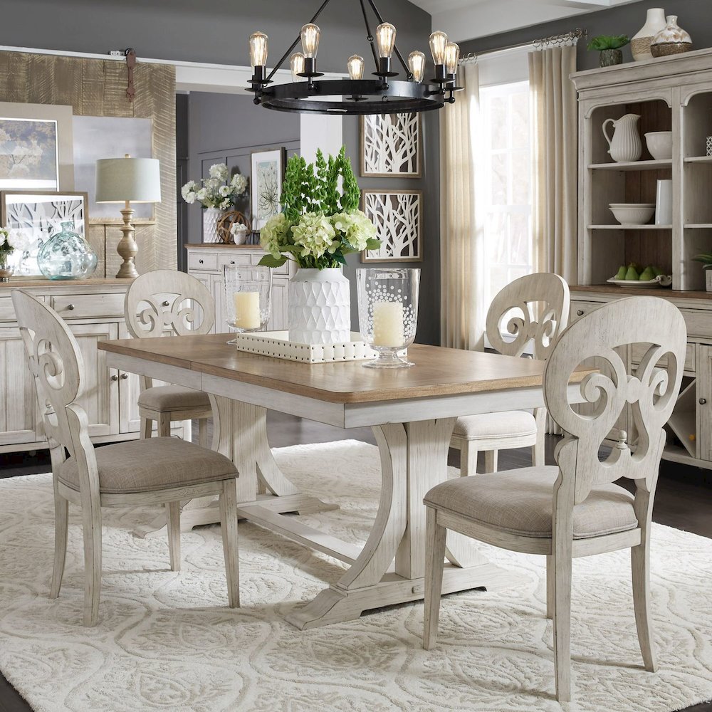 Reimagined 5 Piece Trestle Table Set - 4 Splat Back Chairs, 18" Table Leaf