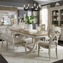 Farmhouse Reimagined 6 Piece Trestle Table Set in Antique White w/ Chestnut Top