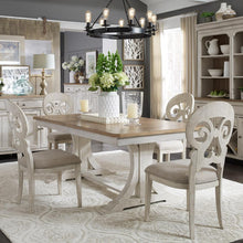 Farmhouse Reimagined 7 Piece Trestle Table Set in Antique White w/ Chestnut Top