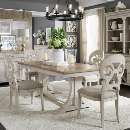 Farmhouse Reimagined 7 Piece Trestle Table Set in Antique White w/ Chestnut Top