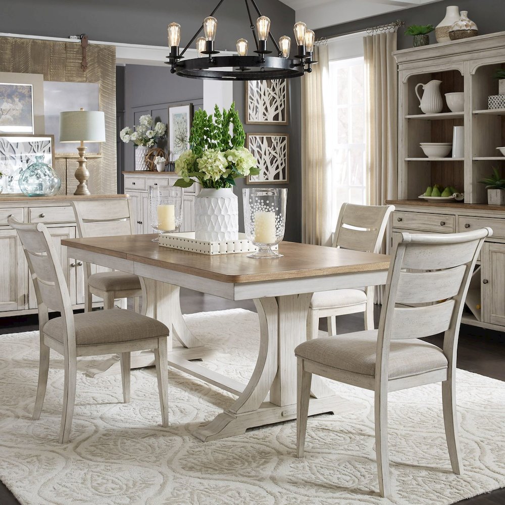 Reimagined Opt 5 Piece Trestle Table Set - 4 Ladder Back Chairs, 18" Leaf