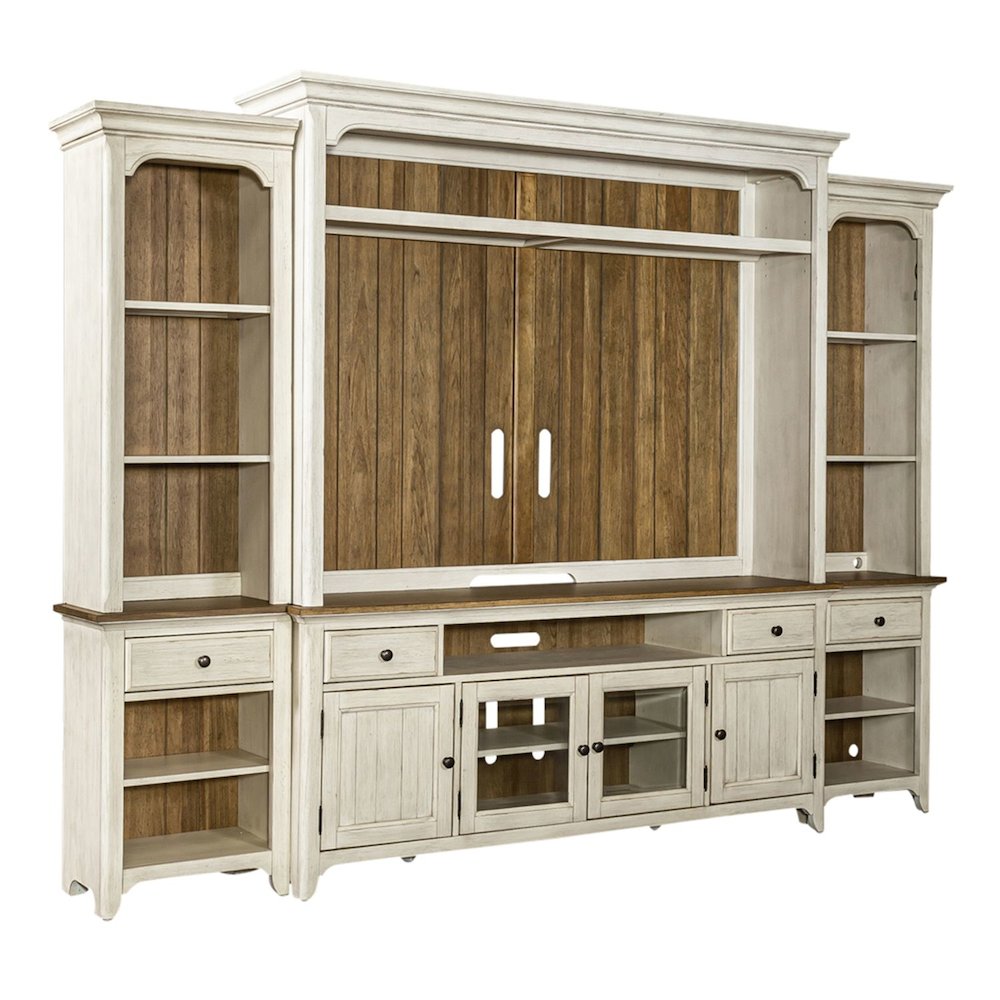 Reimagined Entertainment Center with Piers - Antique White with Chestnut Tops