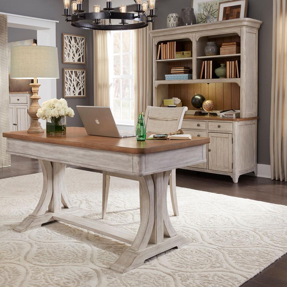 Farmhouse Reimagined 3 Piece Desk & Hutch Set in Antique White w/ Chestnut Top