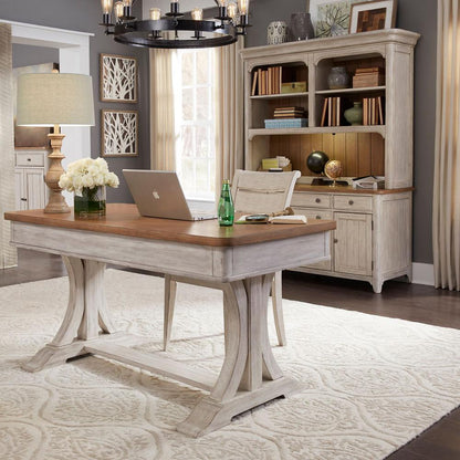 Farmhouse Reimagined 3 Piece Desk & Hutch Set in Antique White w/ Chestnut Top