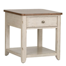 Farmhouse Reimagined End Table with Basket in Antique White w/ Chestnut Top