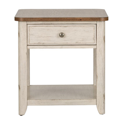 Farmhouse Reimagined End Table with Basket in Antique White w/ Chestnut Top
