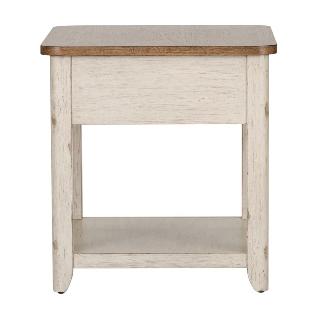 Farmhouse Reimagined End Table with Basket in Antique White w/ Chestnut Top