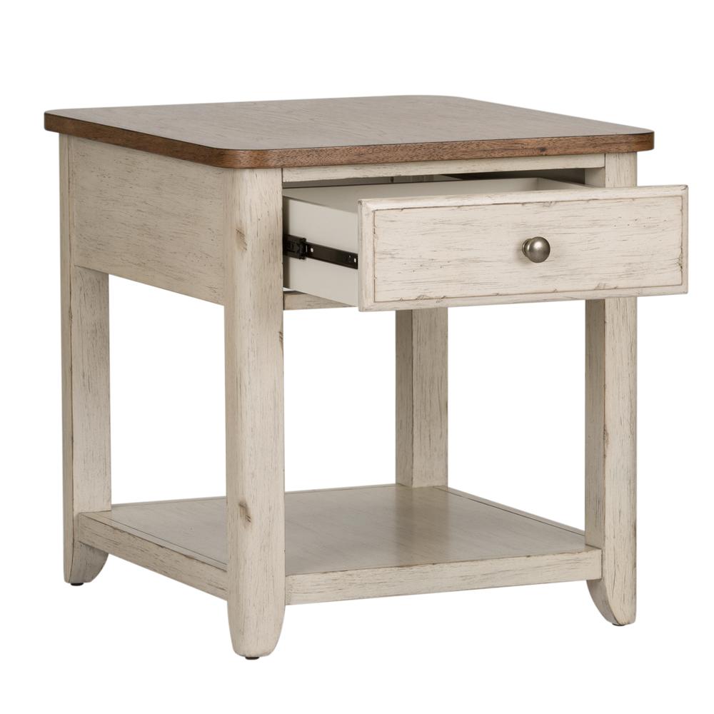 Farmhouse Reimagined End Table with Basket in Antique White w/ Chestnut Top