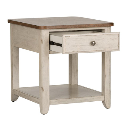 Farmhouse Reimagined End Table with Basket in Antique White w/ Chestnut Top