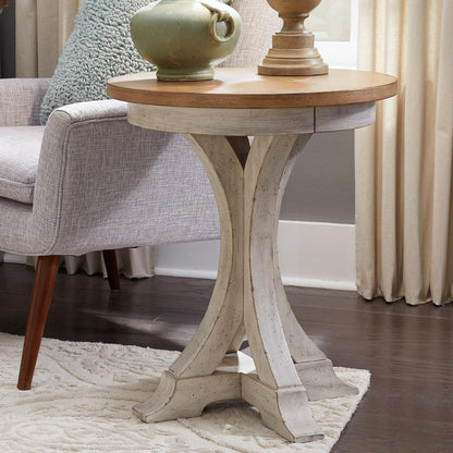 Farmhouse Reimagined Round Chair Side Table in Antique White w/ Chestnut Top