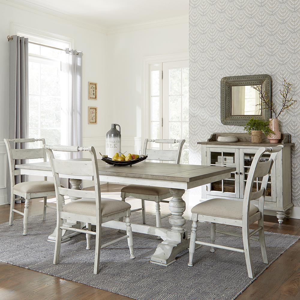 Whitney 5 Piece Trestle Table Set - Antique Linen w/ Weathered Gray