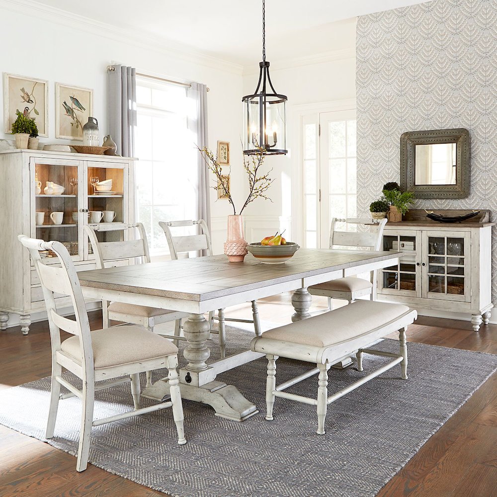 Whitney 6 Piece Trestle Table Set - Antique Linen w/ Weathered Gray