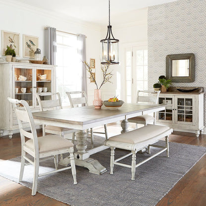 Whitney 6 Piece Trestle Table Set - Antique Linen w/ Weathered Gray