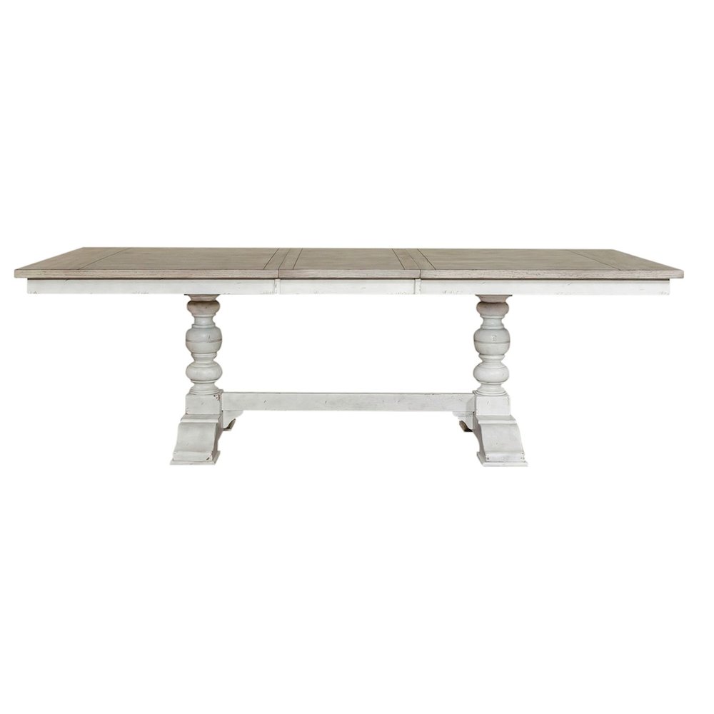 Whitney 6 Piece Trestle Table Set - Antique Linen w/ Weathered Gray