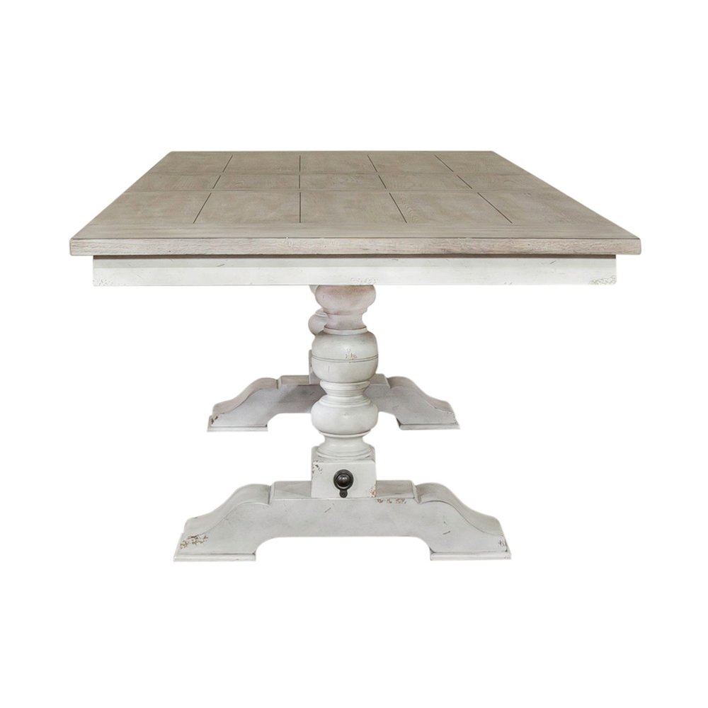 Whitney 6 Piece Trestle Table Set - Antique Linen w/ Weathered Gray