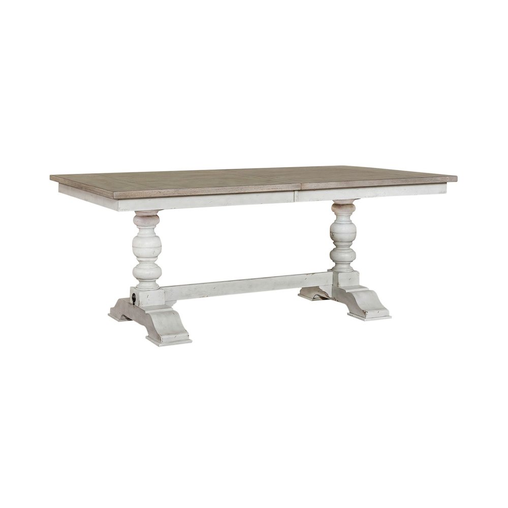 Whitney 6 Piece Trestle Table Set - Antique Linen w/ Weathered Gray