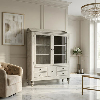 Oak Veneer Curio Cabinet with Glass Doors and Built-In Lighting, White
