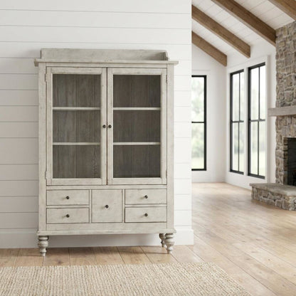 Oak Veneer Curio Cabinet with Glass Doors and Built-In Lighting, White