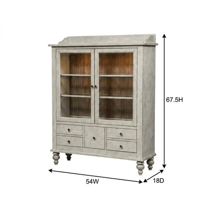 Oak Veneer Curio Cabinet with Glass Doors and Built-In Lighting, White