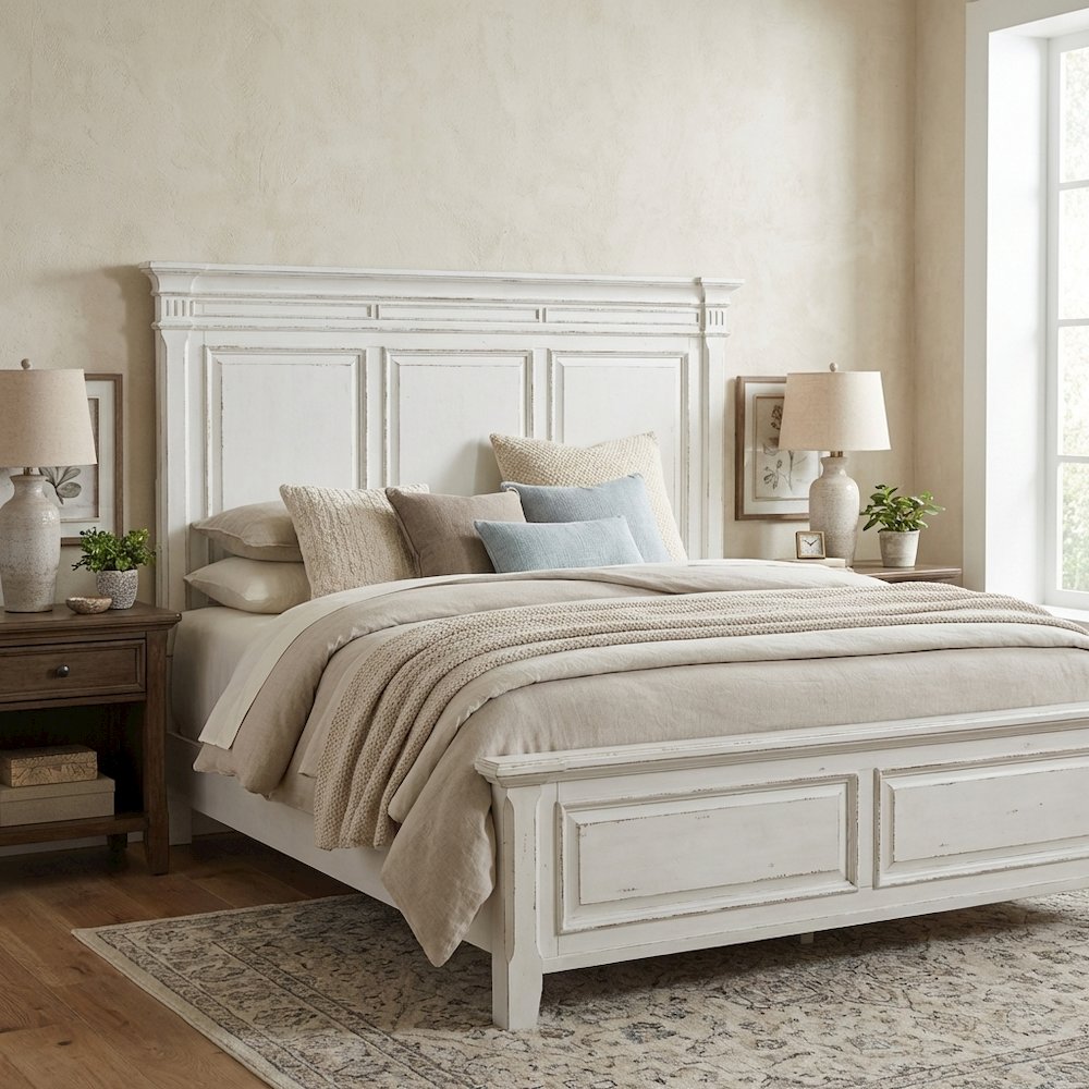King Panel Headboard Antique White Weathered Brown Solid Wood Traditional Design