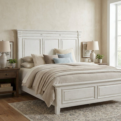 King Panel Headboard Antique White Weathered Brown Solid Wood Traditional Design