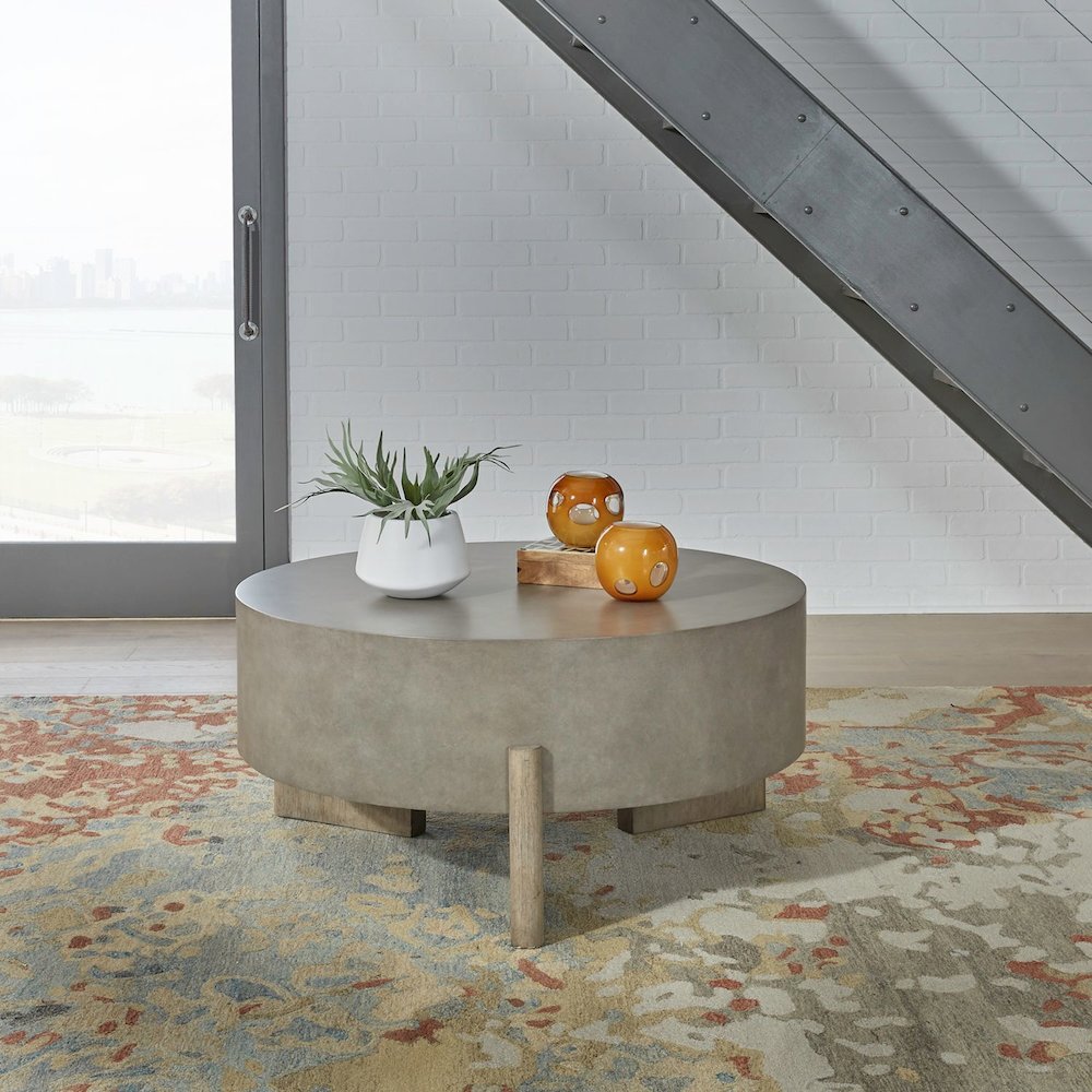 Affinity Round Cocktail Table for Living Room - Dusty Taupe Faux Concrete Tops