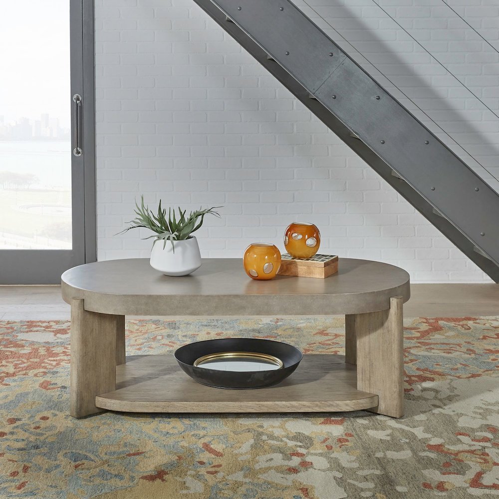 Affinity Oval Cocktail Table with Casters Dusty Taupe Faux Concrete Tops