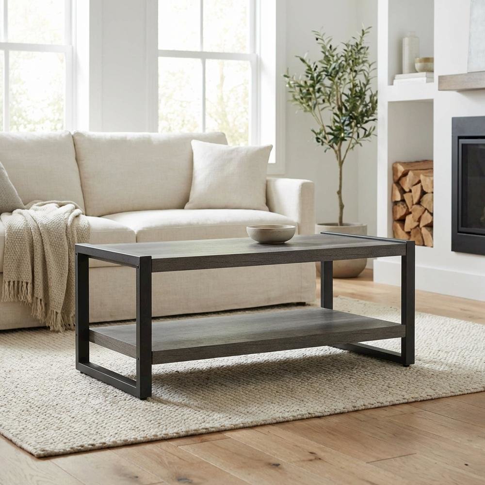 Gray Coffee Table, Solid and Manufactured Wood Frame, Contemporary Design