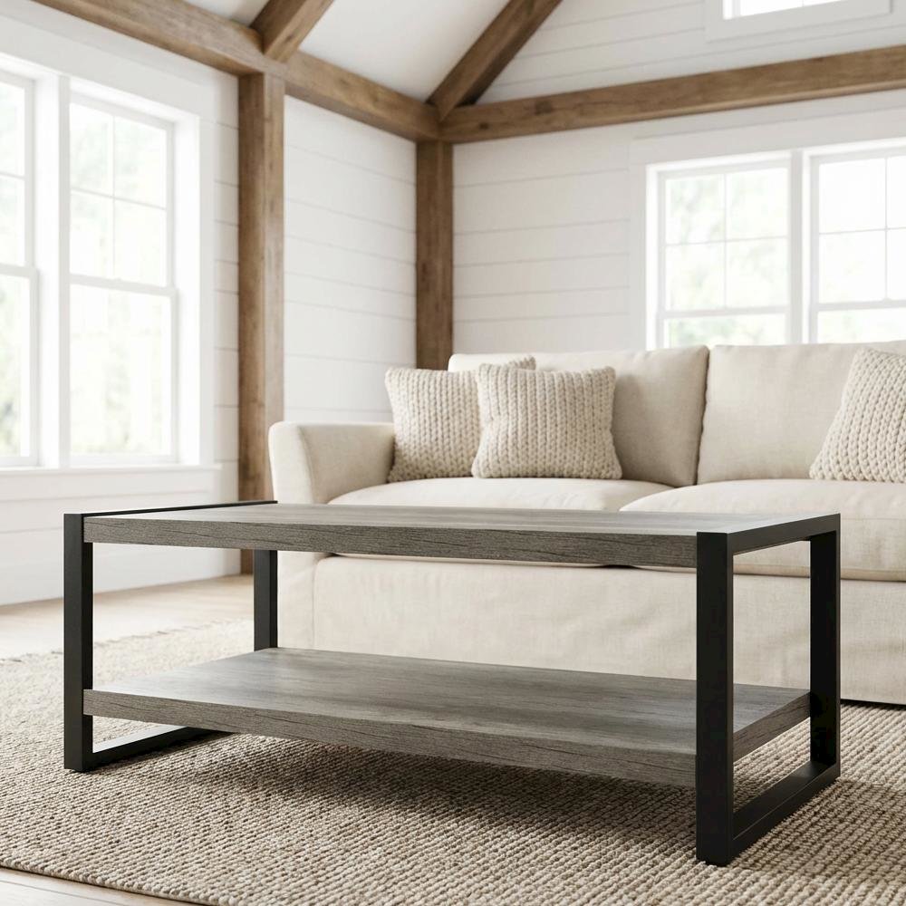 Gray Coffee Table, Solid and Manufactured Wood Frame, Contemporary Design