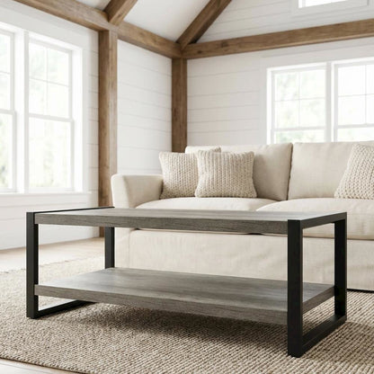 Gray Coffee Table, Solid and Manufactured Wood Frame, Contemporary Design