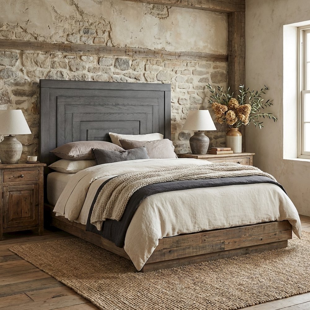 Dusty Charcoal Panel Headboard, Heavy Distressing, Solid Wood Farmhouse Design