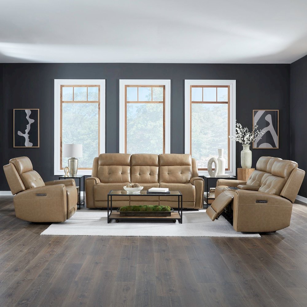 Carrington Power Recline Set with Sofa, Loveseat & Recliner - York Sand Leather