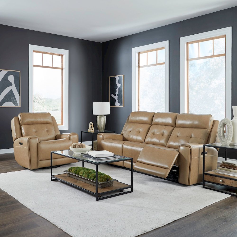 Carrington Power Recline Set with Sofa & Recliner - York Sand Leather