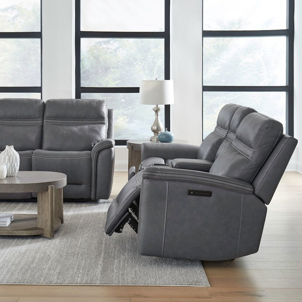 Cooper Triple Power Reclining Loveseat with Console - Blue Gray Leather