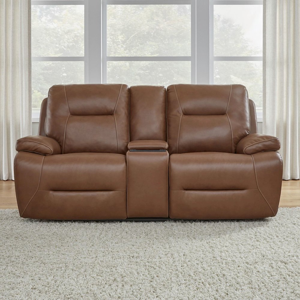 Power Recline Loveseat with Console, Charging Ports - Dakota Saddle Leather