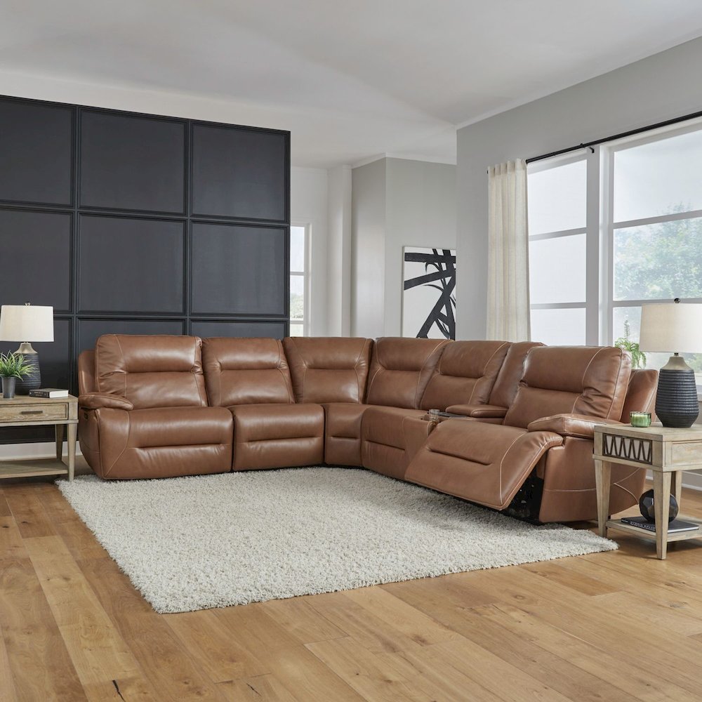 Power Recline 6 Piece Sectional with Charging Ports - Dakota Saddle Leather