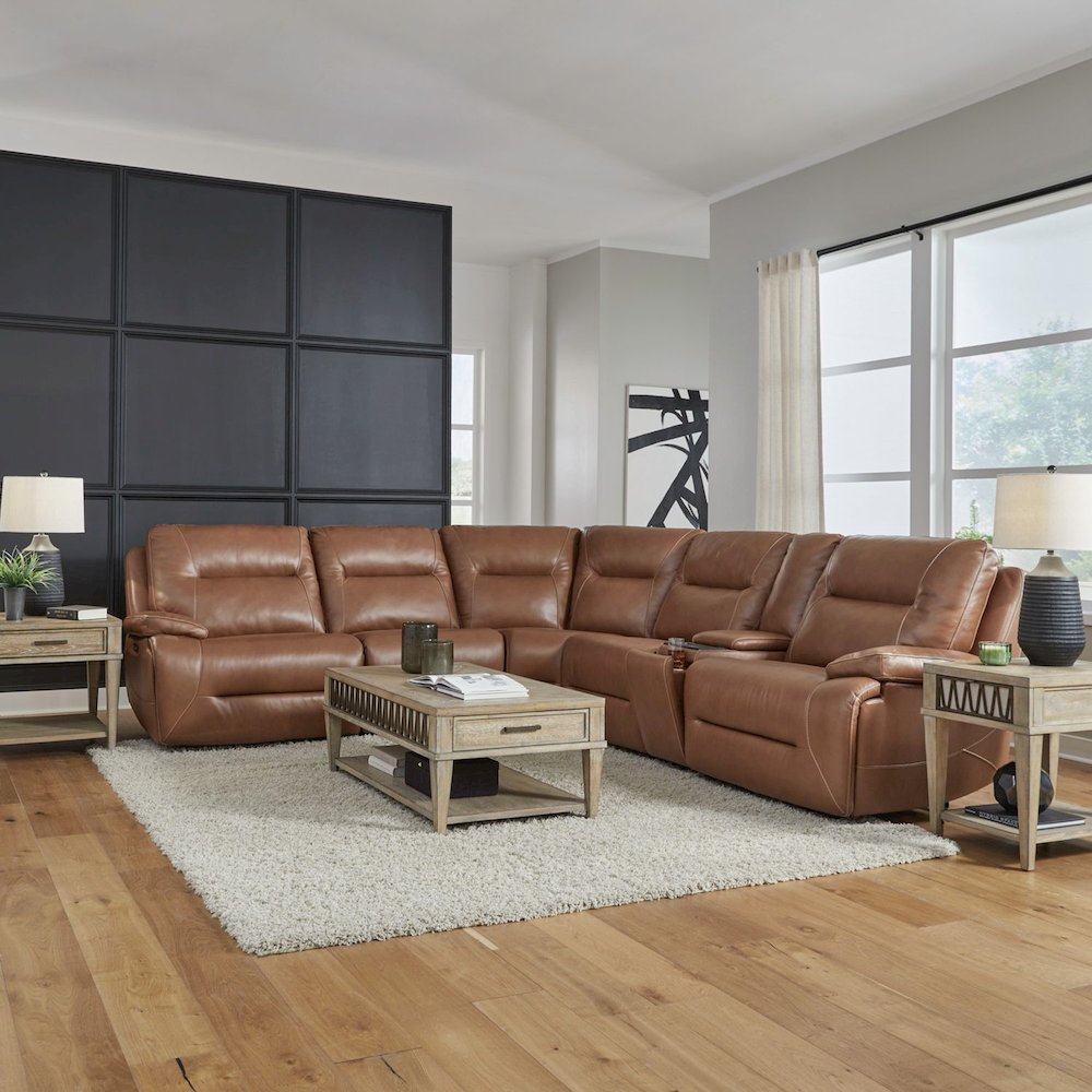 Power Recline 6 Piece Sectional with Charging Ports - Dakota Saddle Leather