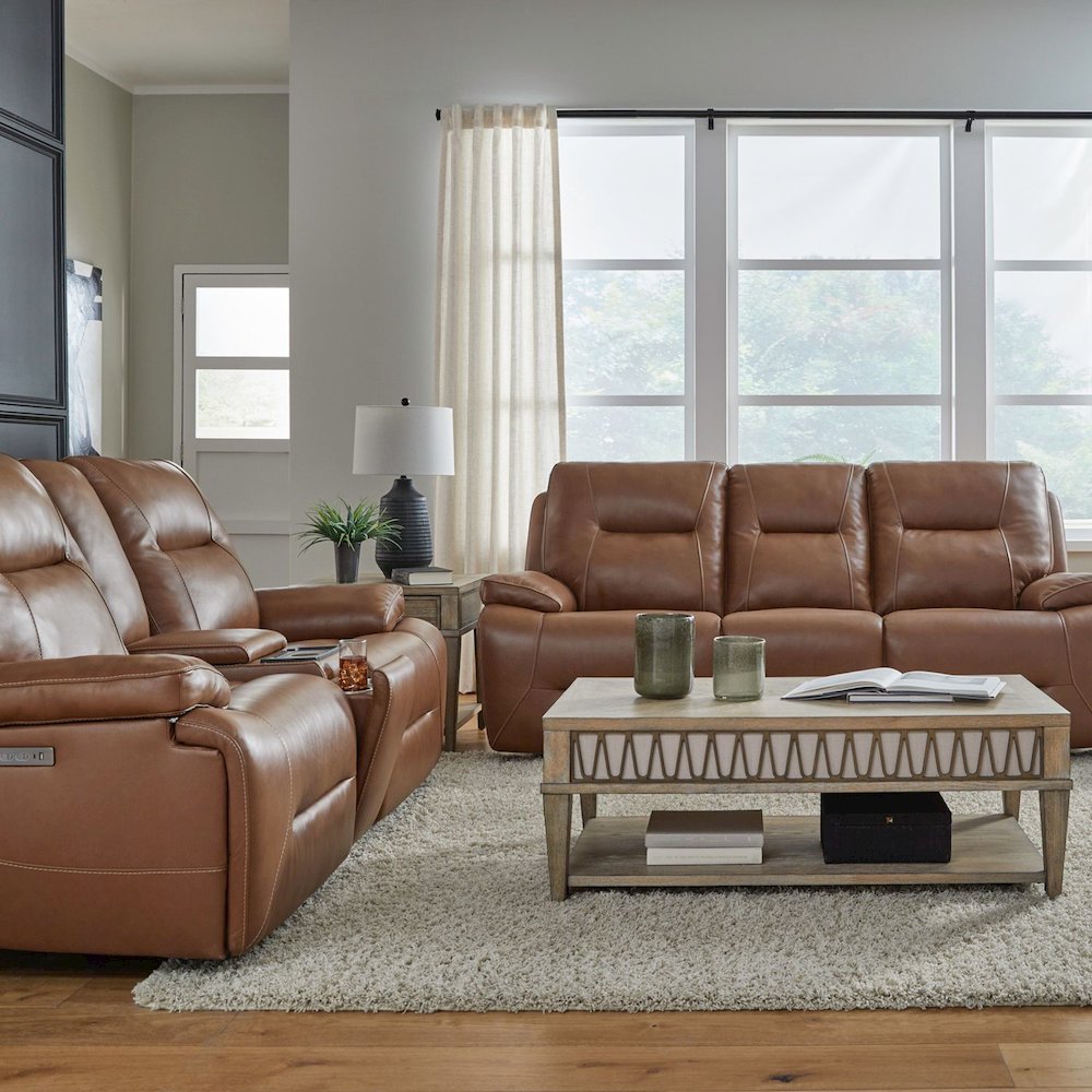 Cameron Power Recline Sofa & Loveseat with Charging Ports -Dakota Saddle Leather
