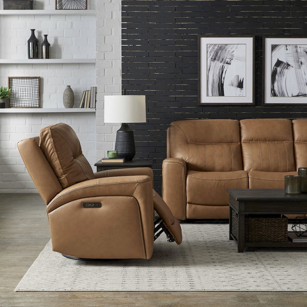 Bennett Recliner Armchair with Swivel Base, Charging Ports - Butternut Leather