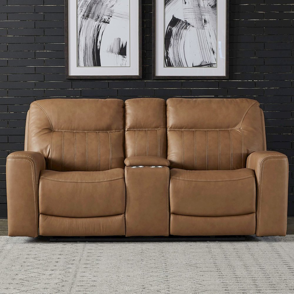 Power Recline Loveseat with Console, Charging Ports - Butternut Leather