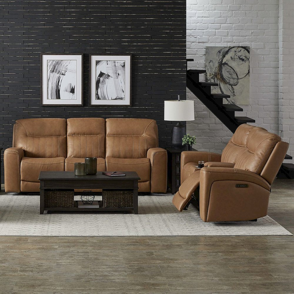 Bennett Power Recline Sofa & Loveseat with Charging Ports - Butternut Leather