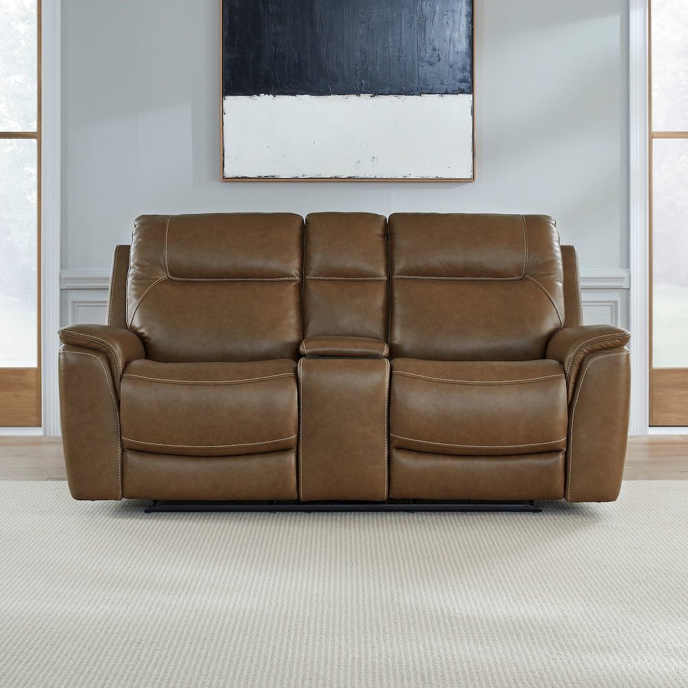 Collins Triple Power Reclining Loveseat with Console - York Chestnut Leather
