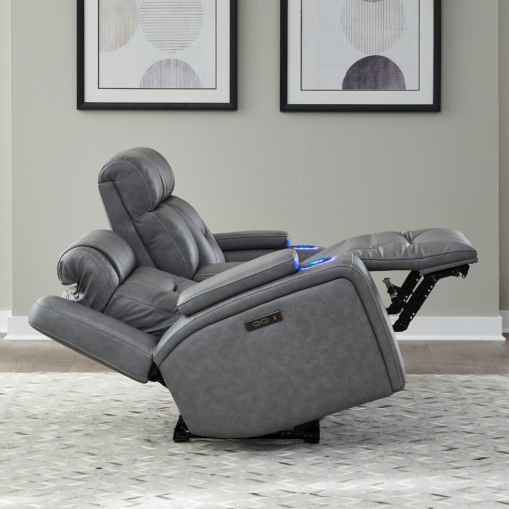 Power Recline Loveseat with Console, Charging Ports - Aline Blue Gray Leather