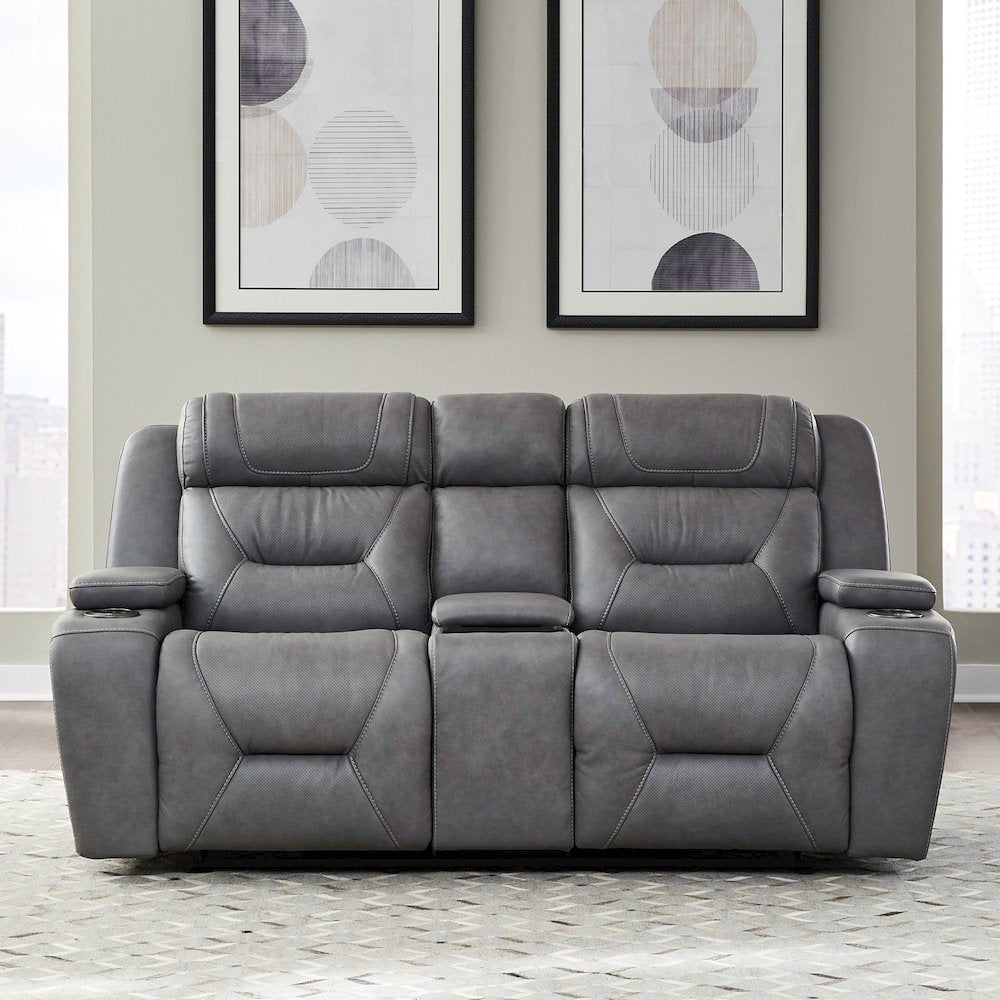 Power Recline Loveseat with Console, Charging Ports - Aline Blue Gray Leather